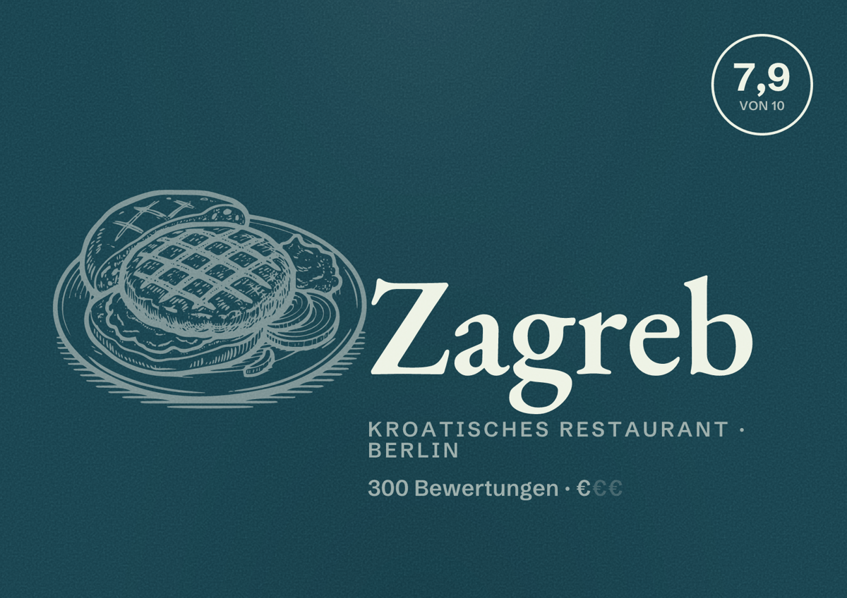 Illustriertes Poster von Zagreb, Kroatisches Restaurant in Berlin: Bewertung 7,9 von 10 aus 300 Bewertungen, Preisniveau €