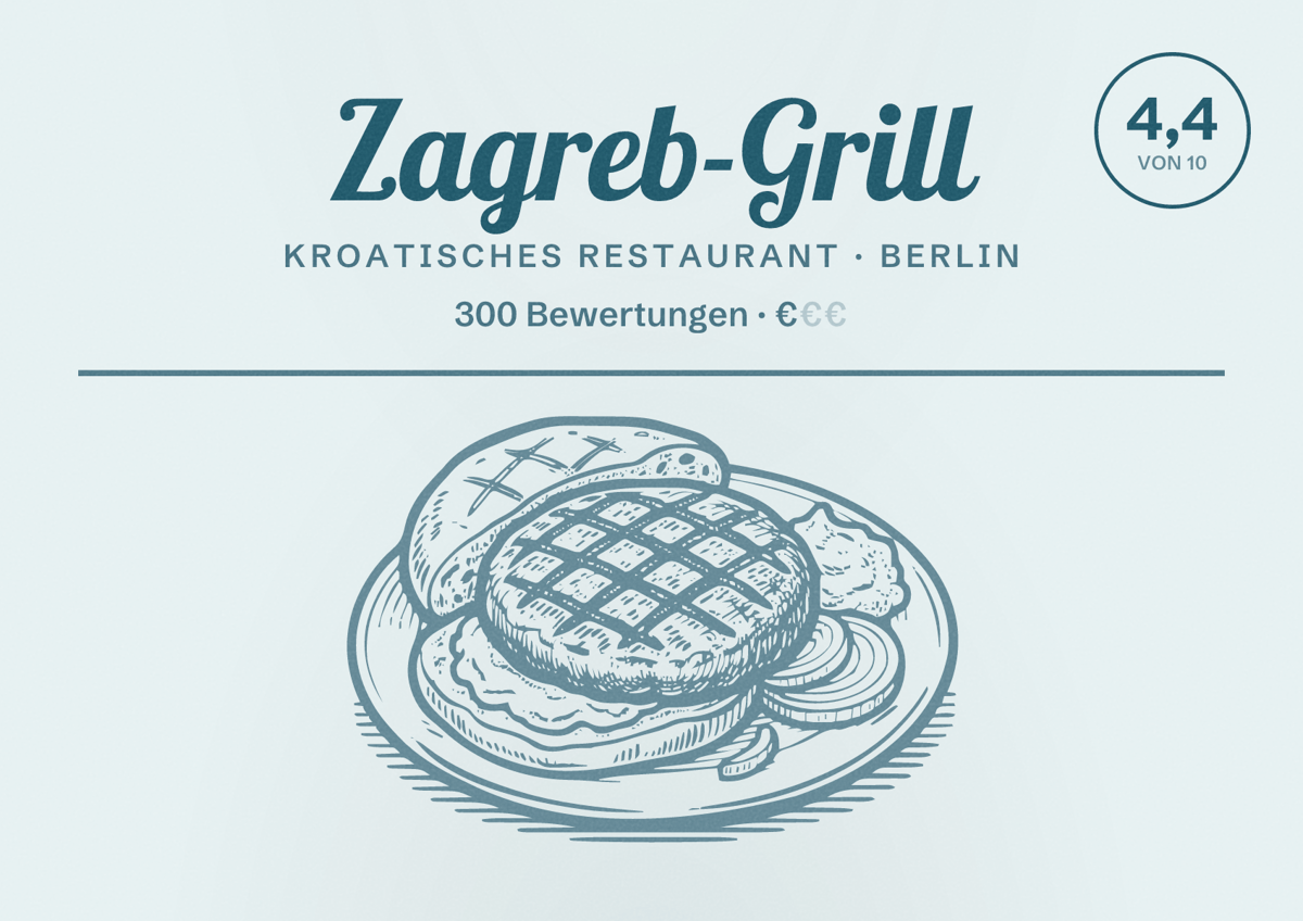 Illustriertes Poster von Zagreb-Grill, Kroatisches Restaurant in Berlin: Bewertung 4,4 von 10 aus 300 Bewertungen, Preisniveau €