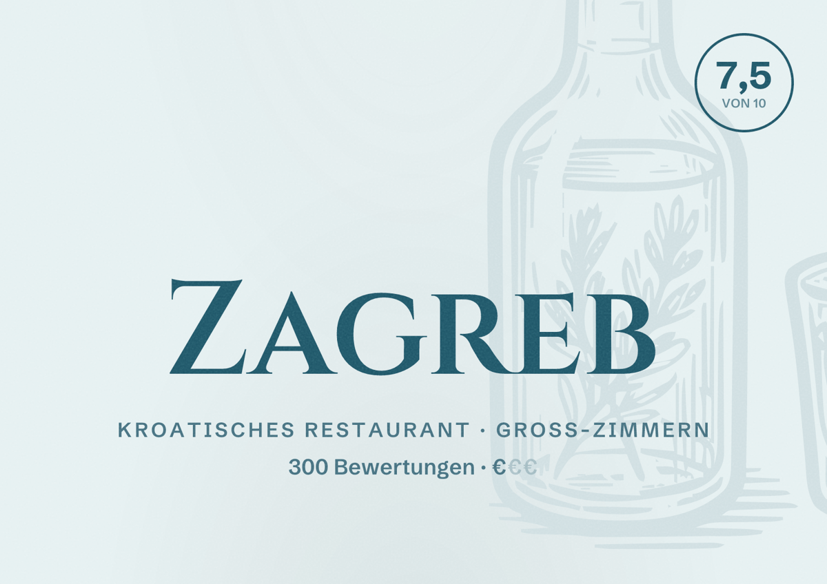 Illustriertes Poster von Zagreb, Kroatisches Restaurant in Groß-Zimmern: Bewertung 7,5 von 10 aus 300 Bewertungen, Preisniveau €