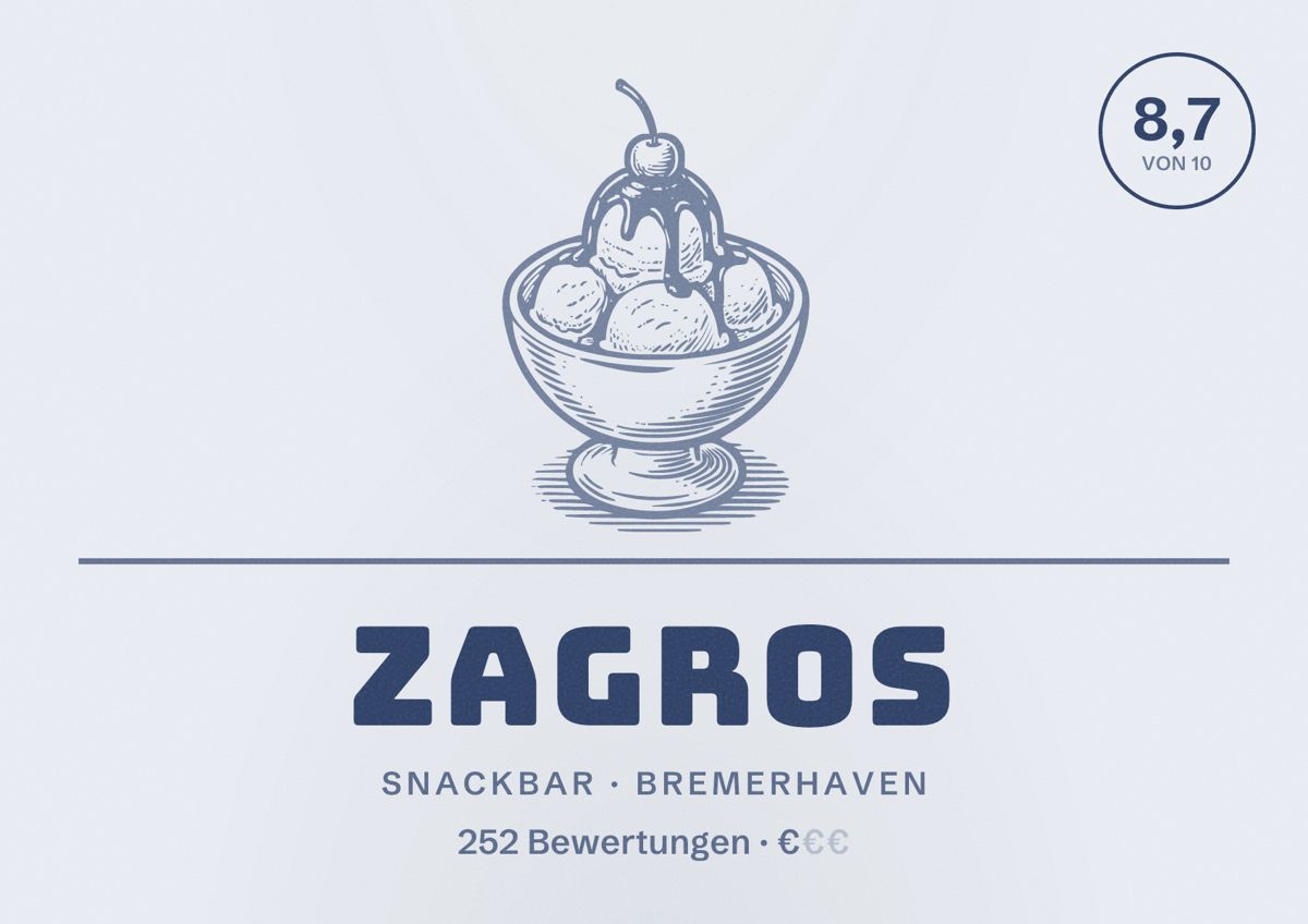 Illustriertes Poster von Zagros, Snackbar in Bremerhaven: Bewertung 8,7 von 10 aus 252 Bewertungen, Preisniveau €