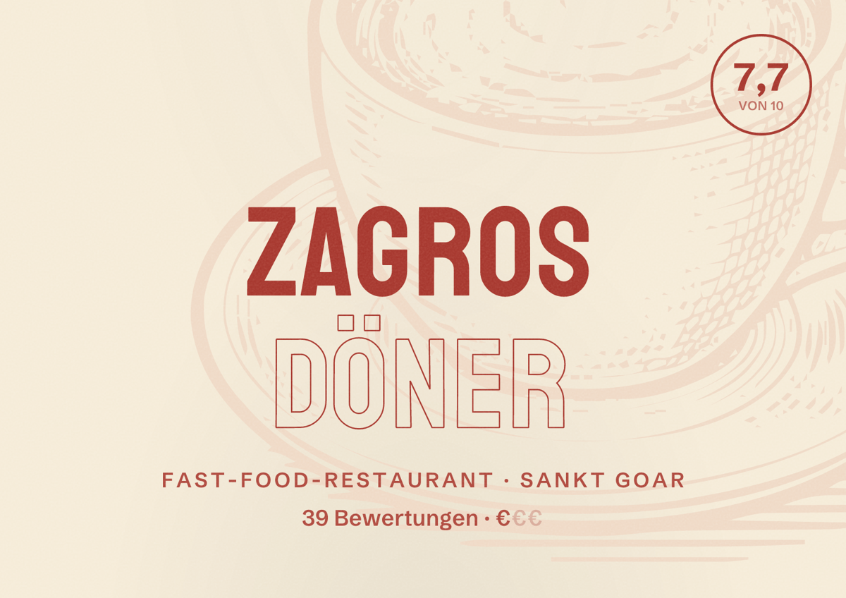 Illustriertes Poster von ZAGROS DÖNER, Fast-Food-Restaurant in Sankt Goar: Bewertung 7,7 von 10 aus 39 Bewertungen, Preisniveau €