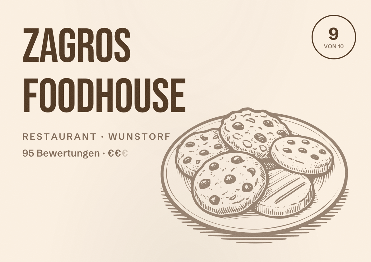 Illustriertes Poster von ZAGROS Foodhouse, Restaurant in Wunstorf: Bewertung 9 von 10 aus 95 Bewertungen, Preisniveau €€