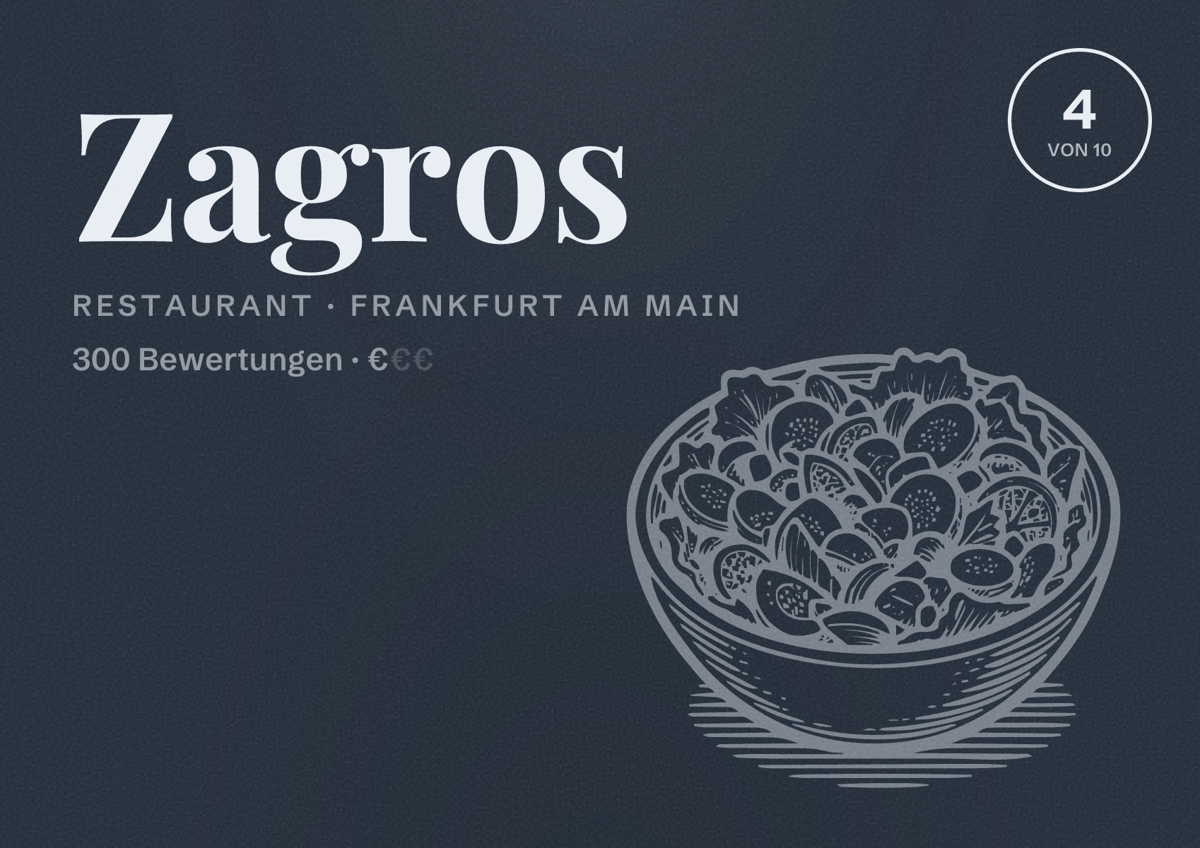 Illustriertes Poster von Zagros, Restaurant in Frankfurt am Main: Bewertung 4,0 von 10 aus 300 Bewertungen, Preisniveau €