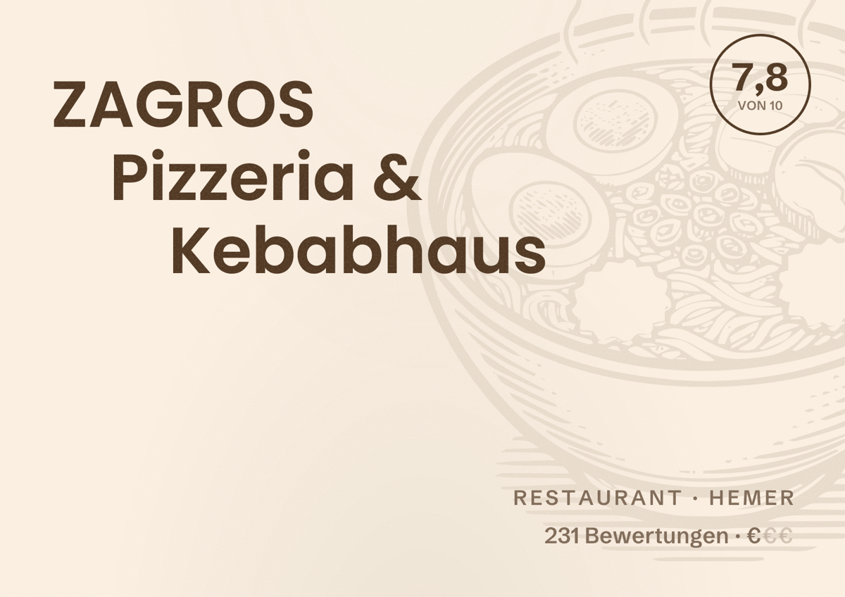 Illustriertes Poster von ZAGROS Pizzeria & Kebabhaus, Restaurant in Hemer: Bewertung 7,8 von 10 aus 231 Bewertungen, Preisniveau €