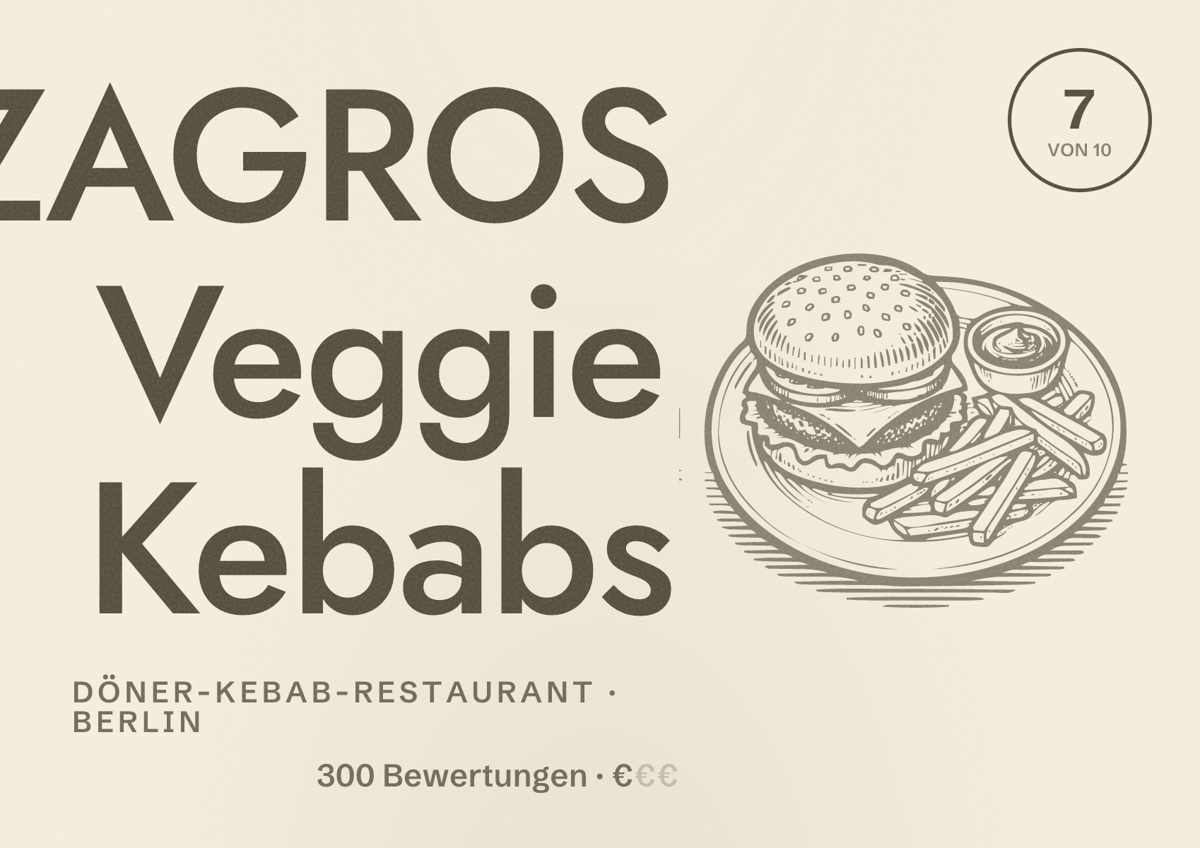 Illustriertes Poster von ZAGROS Veggie Kebabs, Döner-Kebab-Restaurant in Berlin: Bewertung 7,0 von 10 aus 300 Bewertungen, Preisniveau €