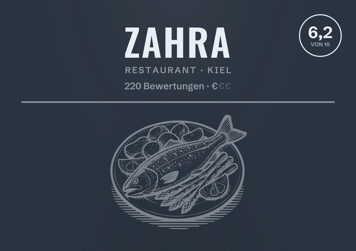 Illustriertes Poster von Zahra, Restaurant in Kiel: Bewertung 6,2 von 10 aus 220 Bewertungen, Preisniveau €