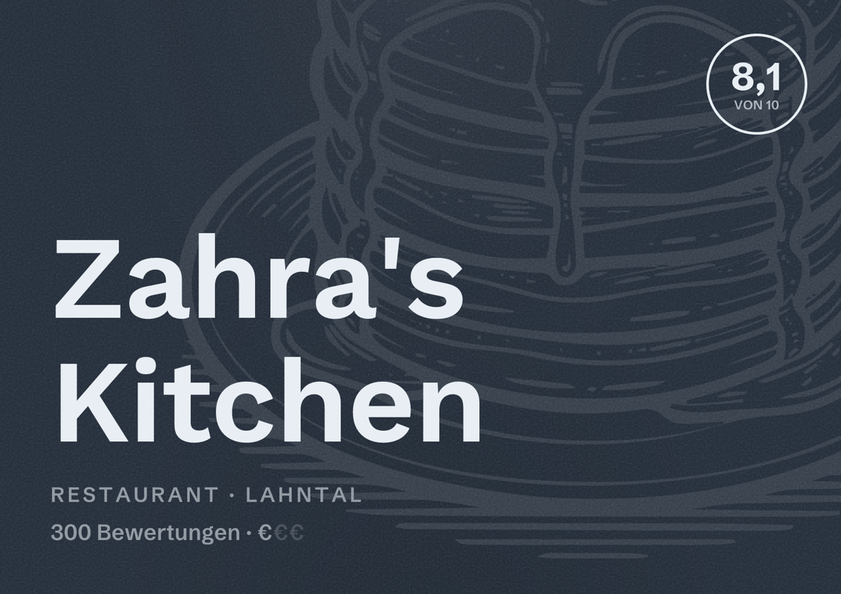 Illustriertes Poster von Zahra's Kitchen, Restaurant in Lahntal: Bewertung 8,1 von 10 aus 300 Bewertungen, Preisniveau €