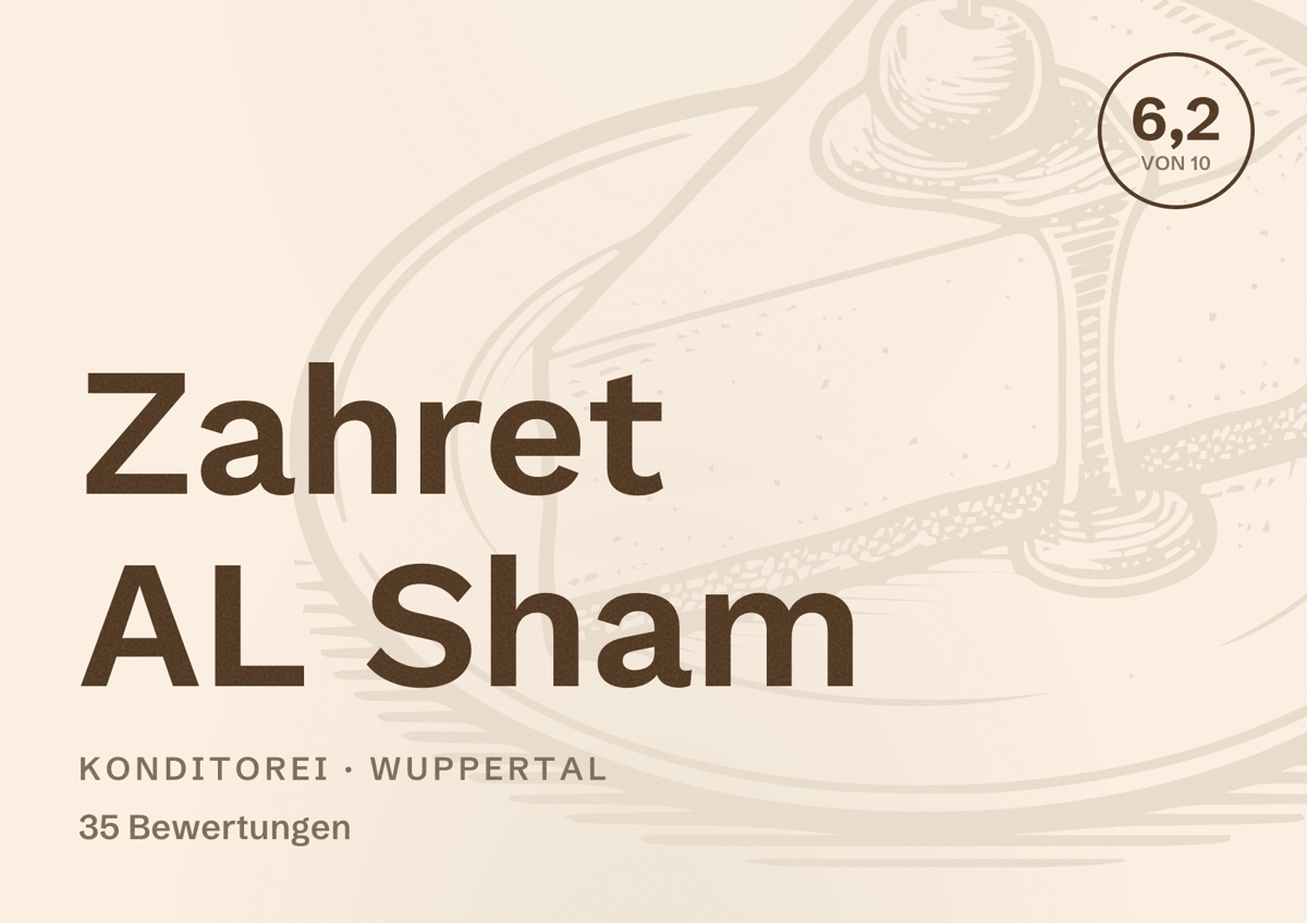 Illustriertes Poster von Zahret AL Sham, Konditorei in Wuppertal: Bewertung 6,2 von 10 aus 35 Bewertungen