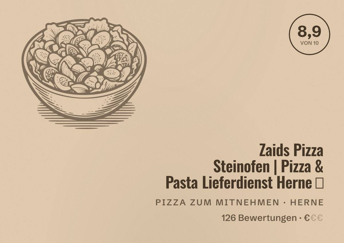 Illustriertes Poster von Zaids Pizza Steinofen | Pizza & Pasta Lieferdienst Herne 🍕, Pizza zum Mitnehmen in Herne: Bewertung 8,9 von 10 aus 126 Bewertungen, Preisniveau €