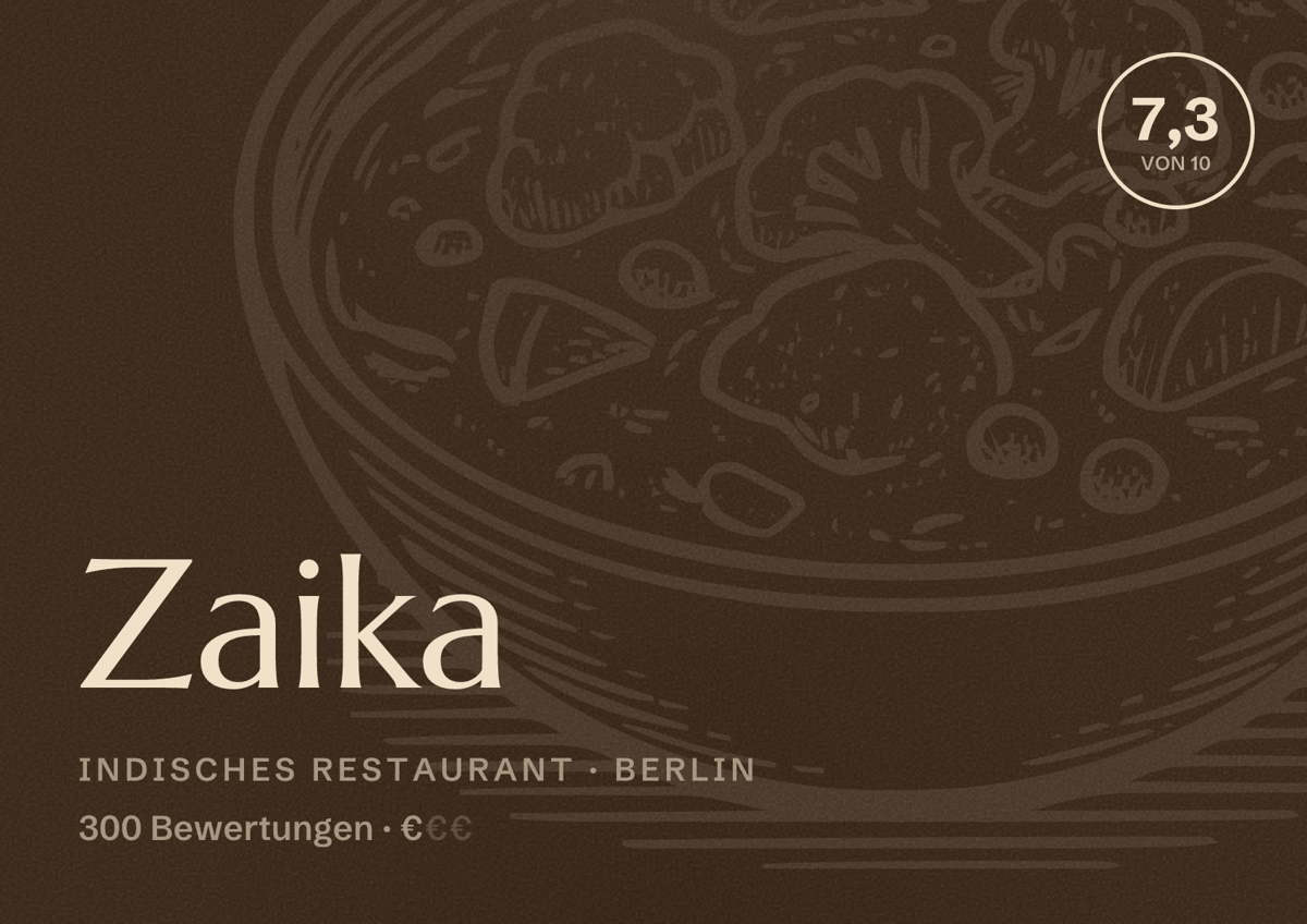 Illustriertes Poster von Zaika, Indisches Restaurant in Berlin: Bewertung 7,3 von 10 aus 300 Bewertungen, Preisniveau €