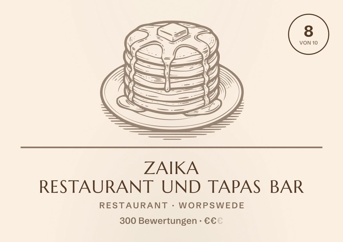 Illustriertes Poster von Zaika Restaurant und Tapas Bar, Restaurant in Worpswede: Bewertung 8 von 10 aus 300 Bewertungen, Preisniveau €€