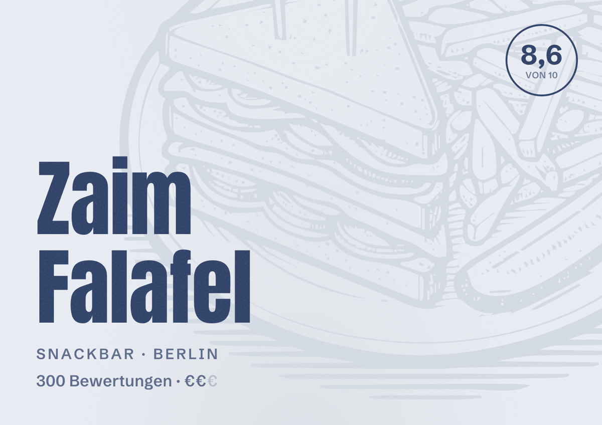 Illustriertes Poster von Zaim Falafel, Snackbar in Berlin: Bewertung 8,6 von 10 aus 300 Bewertungen, Preisniveau €€