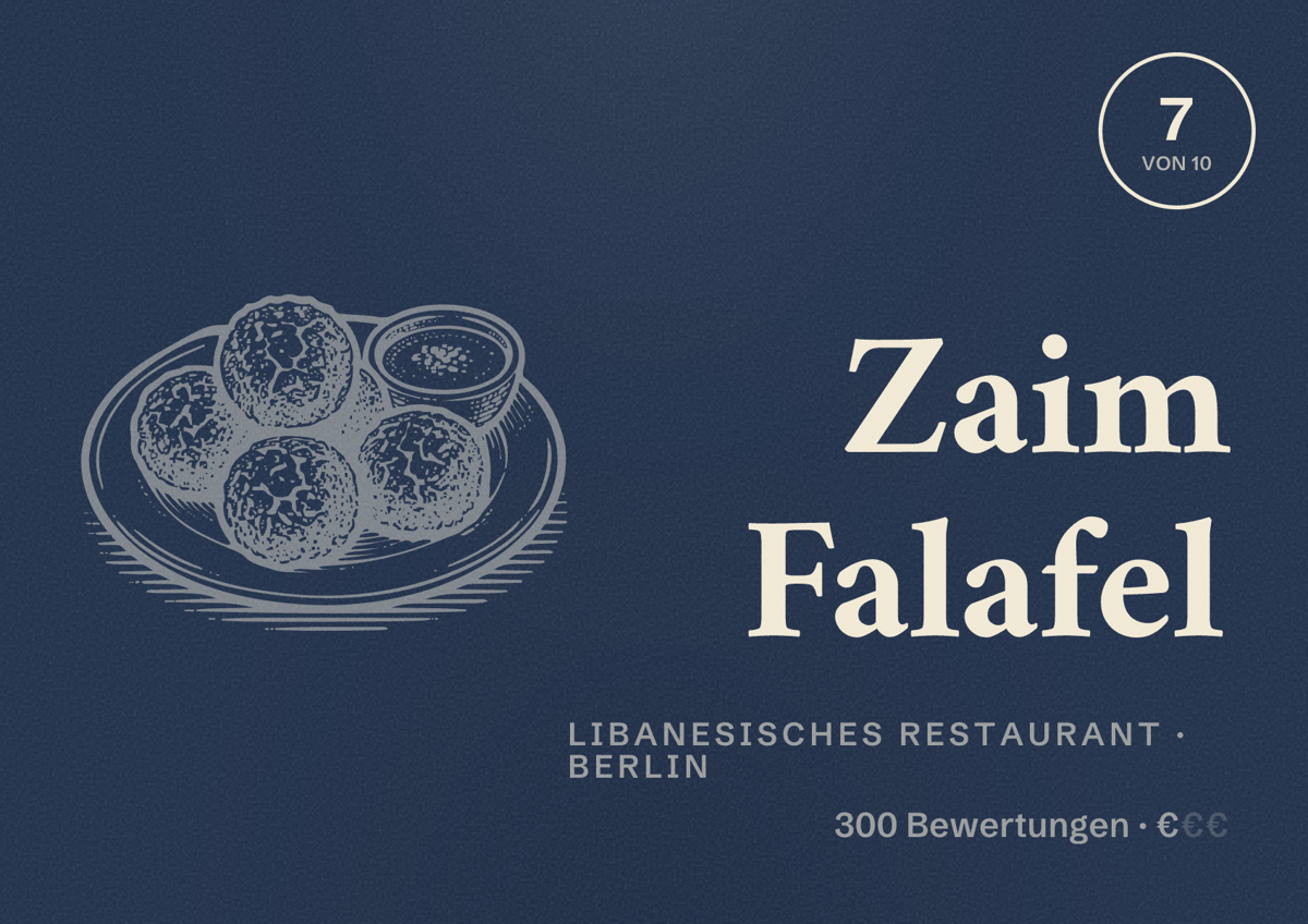 Illustriertes Poster von Zaim Falafel, Libanesisches Restaurant in Berlin: Bewertung 7,0 von 10 aus 300 Bewertungen, Preisniveau €