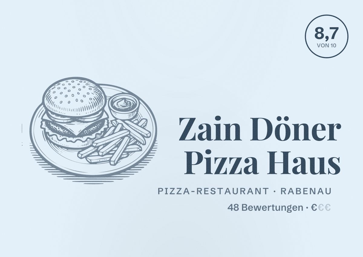 Illustriertes Poster von Zain Döner Pizza Haus, Pizza-Restaurant in Rabenau: Bewertung 8,7 von 10 aus 48 Bewertungen, Preisniveau €