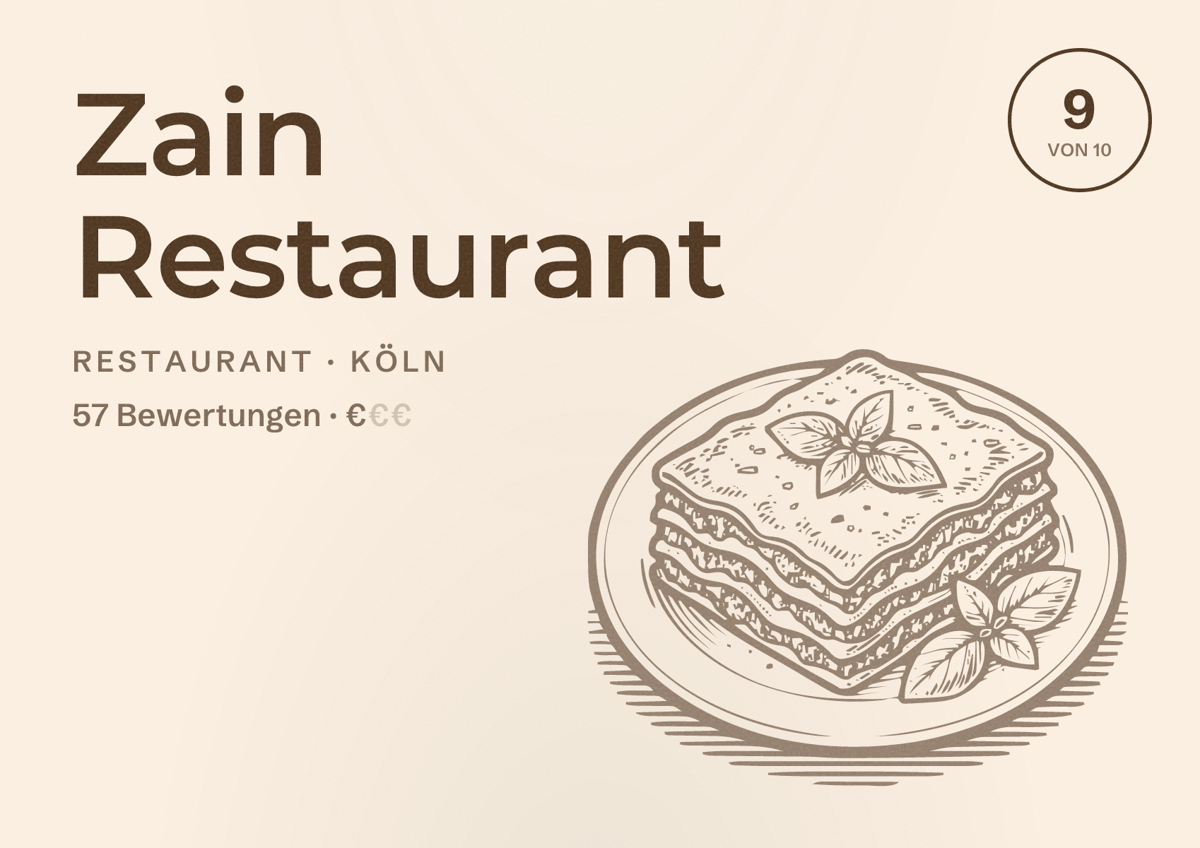Illustriertes Poster von Zain Restaurant, Restaurant in Köln: Bewertung 9,0 von 10 aus 57 Bewertungen, Preisniveau €