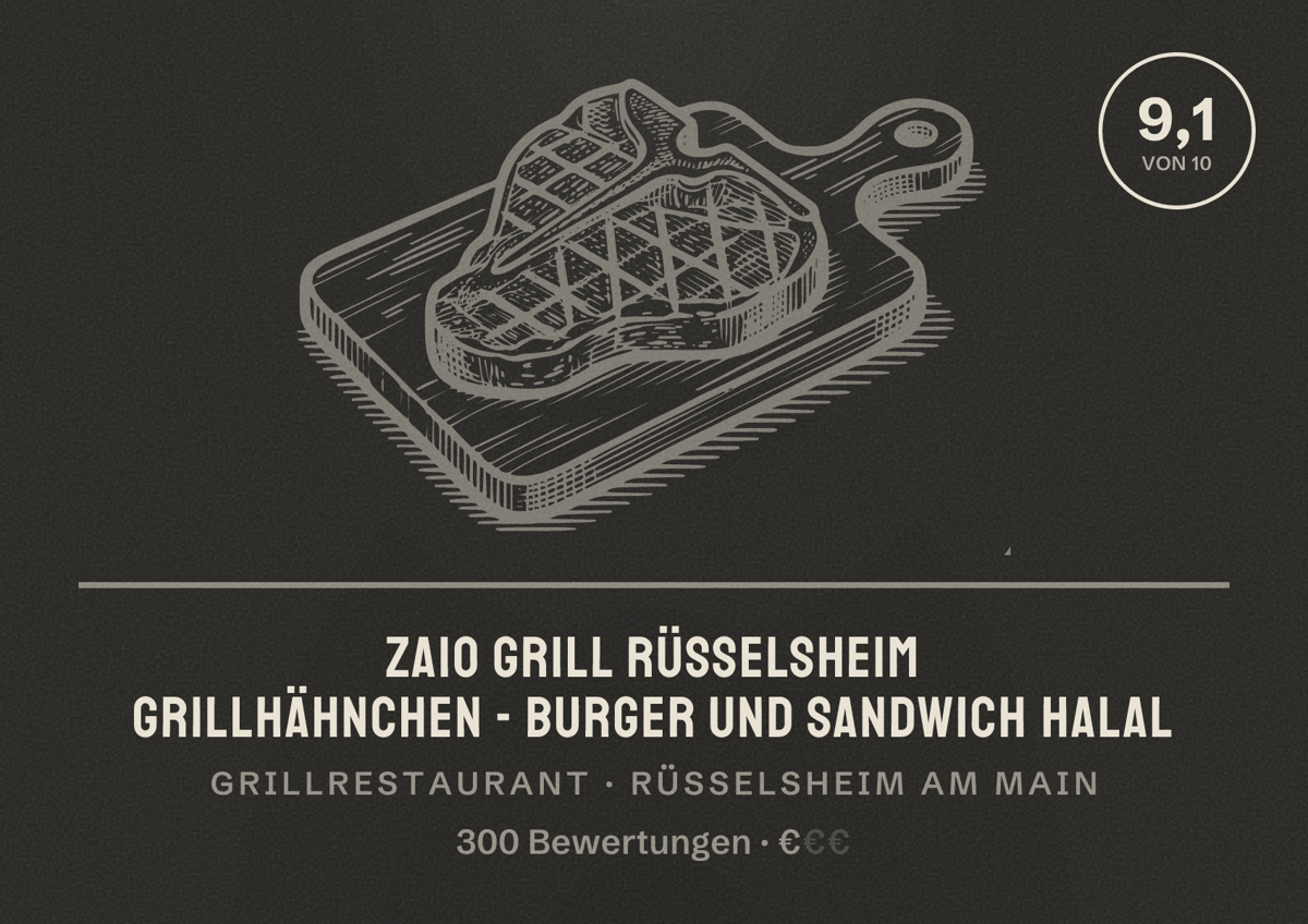 Illustriertes Poster von Zaio Grill Rüsselsheim Grillhähnchen - Burger und Sandwich Halal, Grillrestaurant in Rüsselsheim am Main: Bewertung 9,1 von 10 aus 300 Bewertungen, Preisniveau €