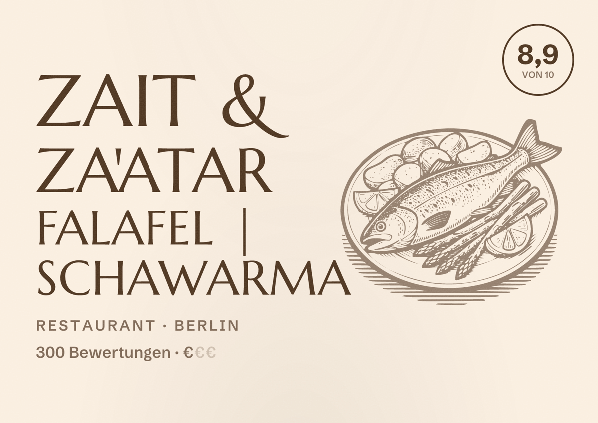 Illustriertes Poster von Zait & Za'atar Falafel | Schawarma, Restaurant in Berlin: Bewertung 8,9 von 10 aus 300 Bewertungen, Preisniveau €
