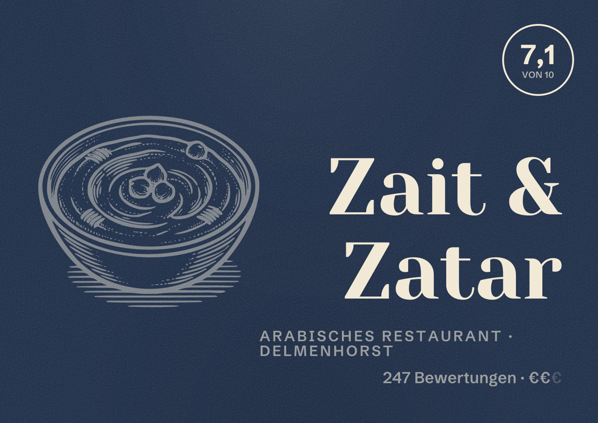 Illustriertes Poster von Zait & Zatar, Arabisches Restaurant in Delmenhorst: Bewertung 7,1 von 10 aus 247 Bewertungen, Preisniveau €€