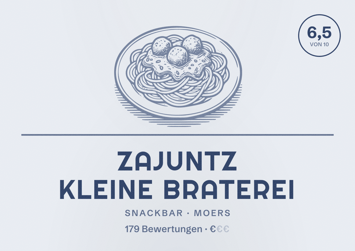 Illustriertes Poster von Zajuntz Kleine Braterei, Snackbar in Moers: Bewertung 6,5 von 10 aus 179 Bewertungen, Preisniveau €