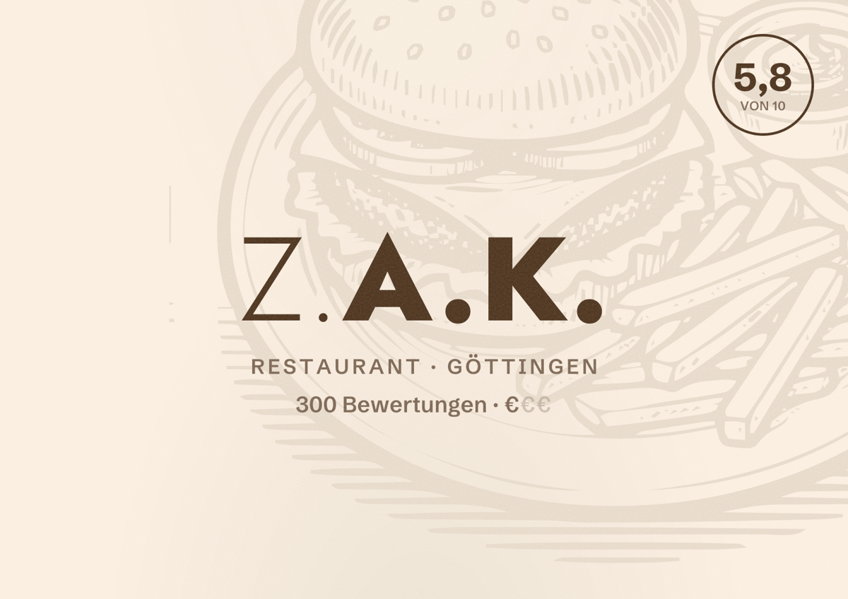 Illustriertes Poster von Z.a.K., Restaurant in Göttingen: Bewertung 5,8 von 10 aus 300 Bewertungen, Preisniveau €