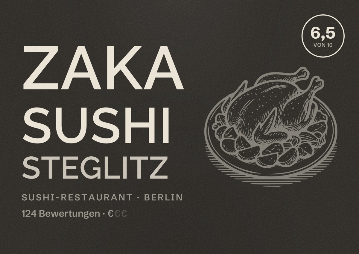 Illustriertes Poster von Zaka Sushi Steglitz, Sushi-Restaurant in Berlin: Bewertung 6,5 von 10 aus 124 Bewertungen, Preisniveau €