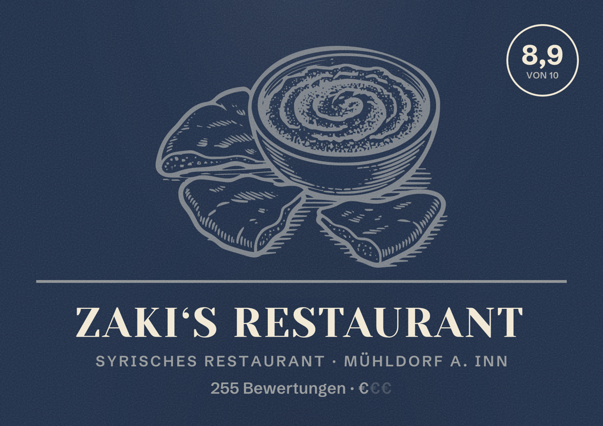 Illustriertes Poster von Zaki‘s Restaurant, Syrisches Restaurant in Mühldorf a. Inn: Bewertung 8,9 von 10 aus 255 Bewertungen, Preisniveau €