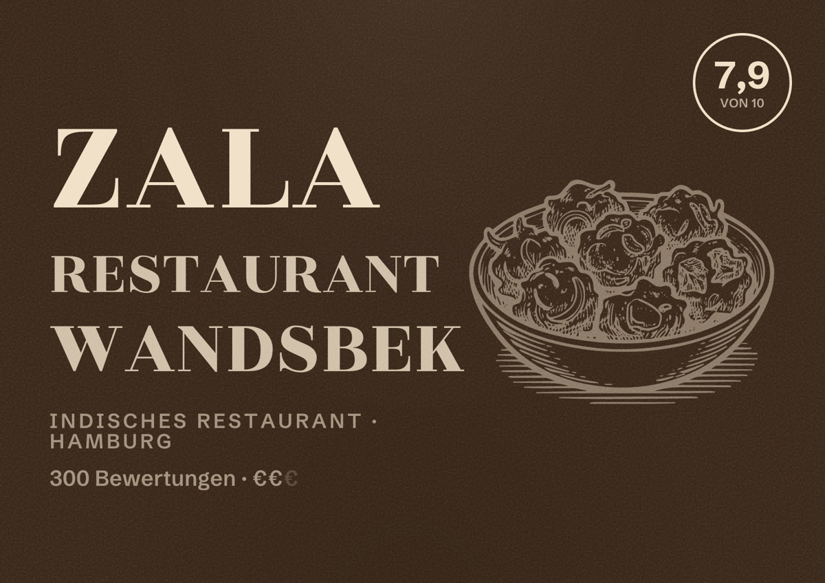 Illustriertes Poster von Zala Restaurant Wandsbek, Indisches Restaurant in Hamburg: Bewertung 7,9 von 10 aus 300 Bewertungen, Preisniveau €€