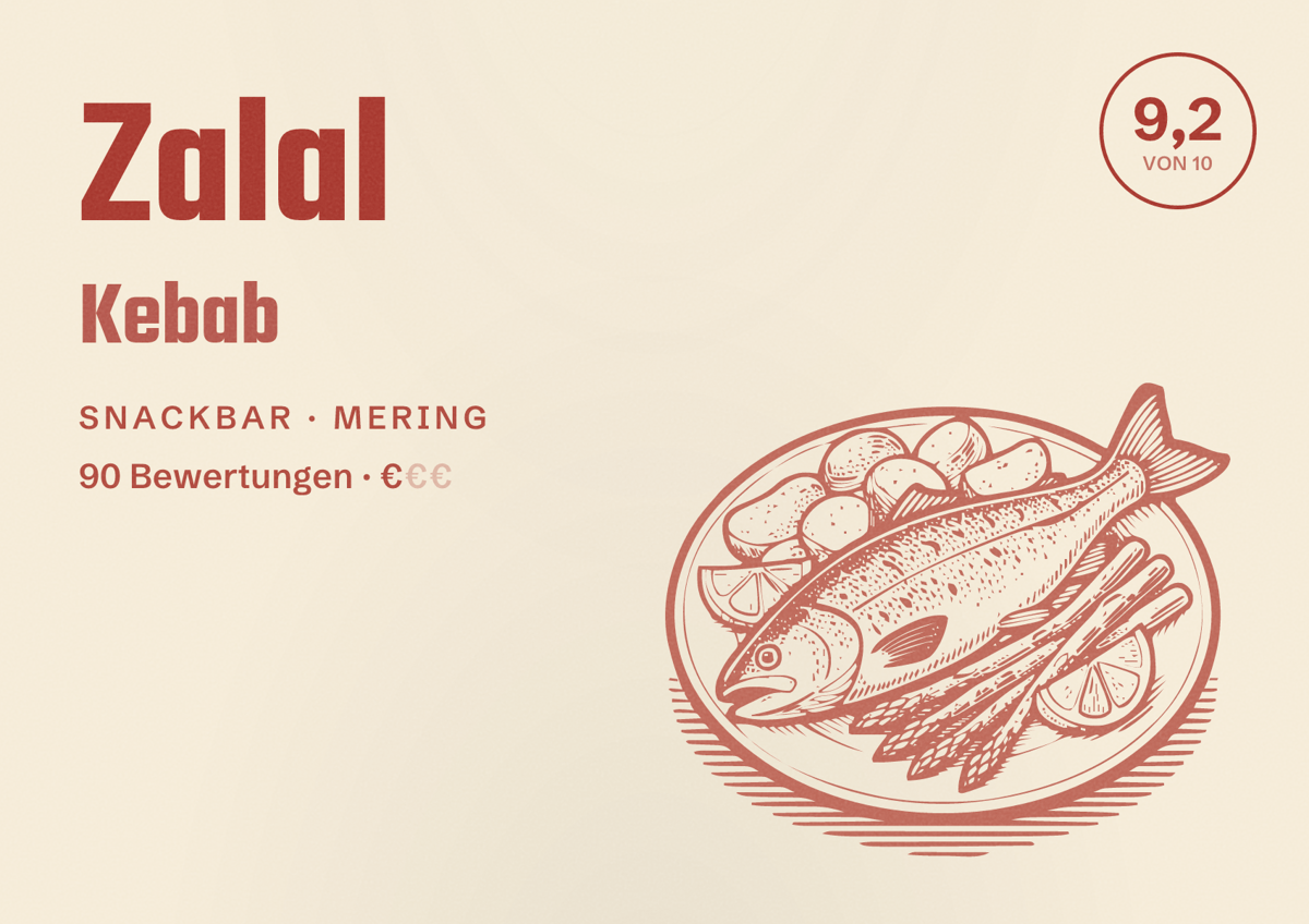 Illustriertes Poster von Zalal Kebab, Snackbar in Mering: Bewertung 9,2 von 10 aus 90 Bewertungen, Preisniveau €