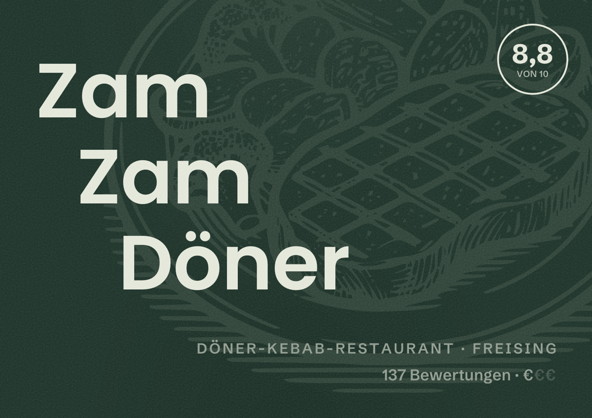 Illustriertes Poster von Zam Zam Döner, Döner-Kebab-Restaurant in Freising: Bewertung 8,8 von 10 aus 137 Bewertungen, Preisniveau €