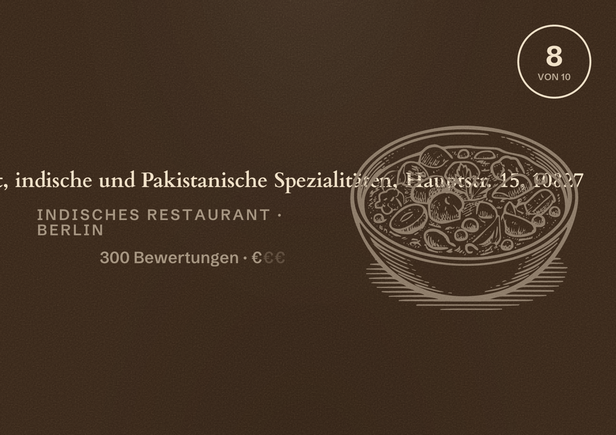 Illustriertes Poster von Zam Zam Restaurant, indische und Pakistanische Spezialitäten, Hauptstr. 15, 10827, Indisches Restaurant in Berlin: Bewertung 8,0 von 10 aus 300 Bewertungen, Preisniveau €