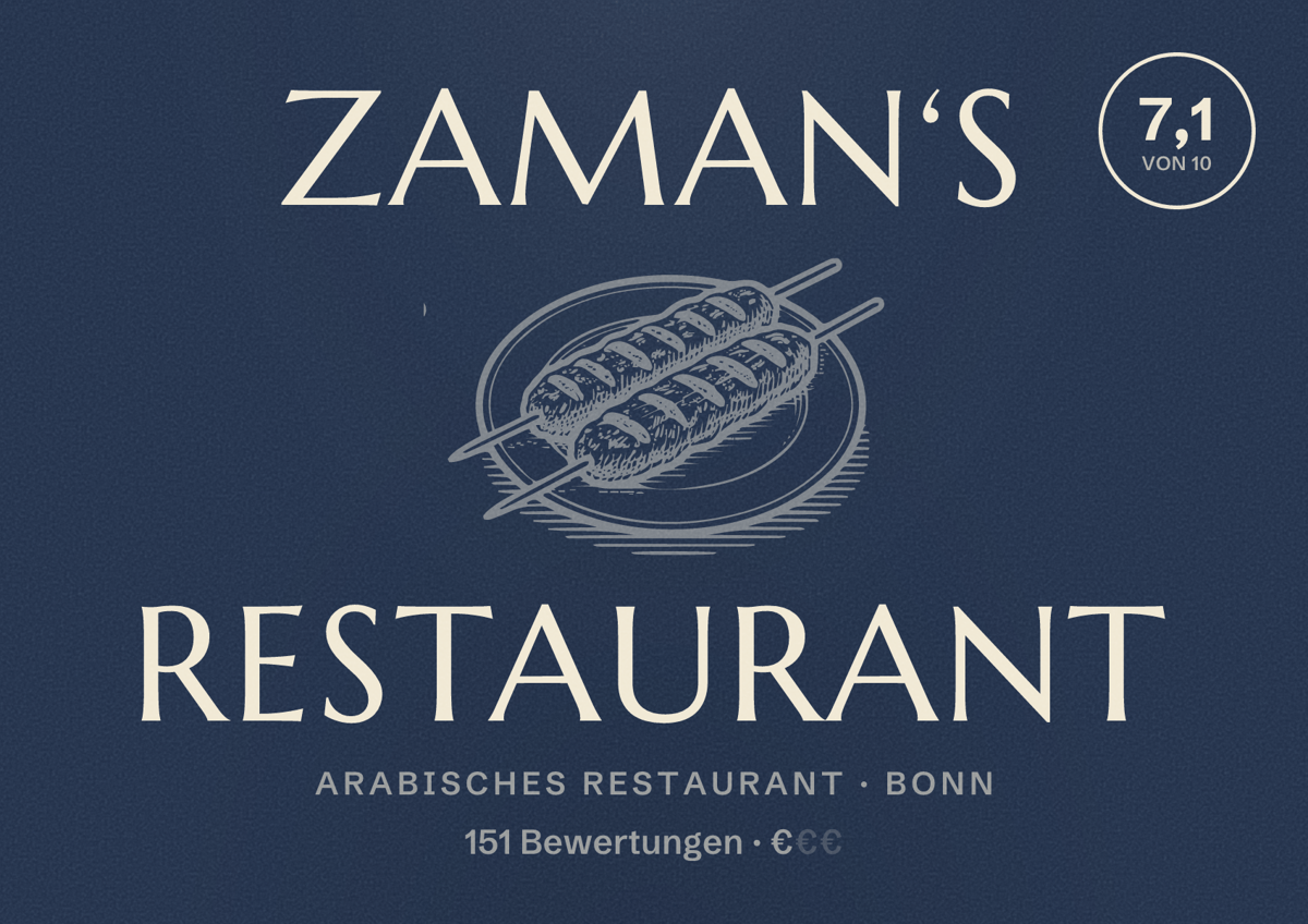 Illustriertes Poster von Zaman‘s Restaurant, Arabisches Restaurant in Bonn: Bewertung 7,1 von 10 aus 151 Bewertungen, Preisniveau €