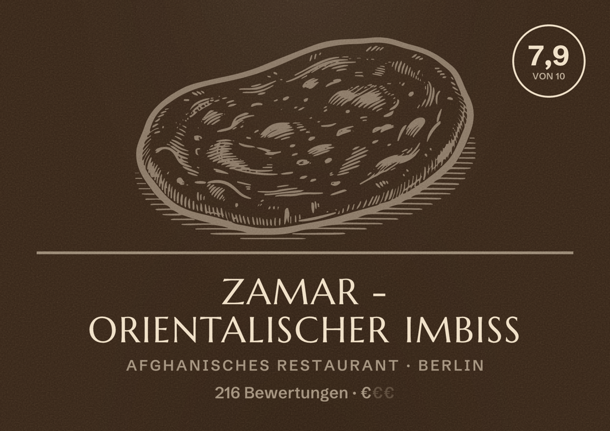 Illustriertes Poster von Zamar - Orientalischer Imbiss, Afghanisches Restaurant in Berlin: Bewertung 7,9 von 10 aus 216 Bewertungen, Preisniveau €