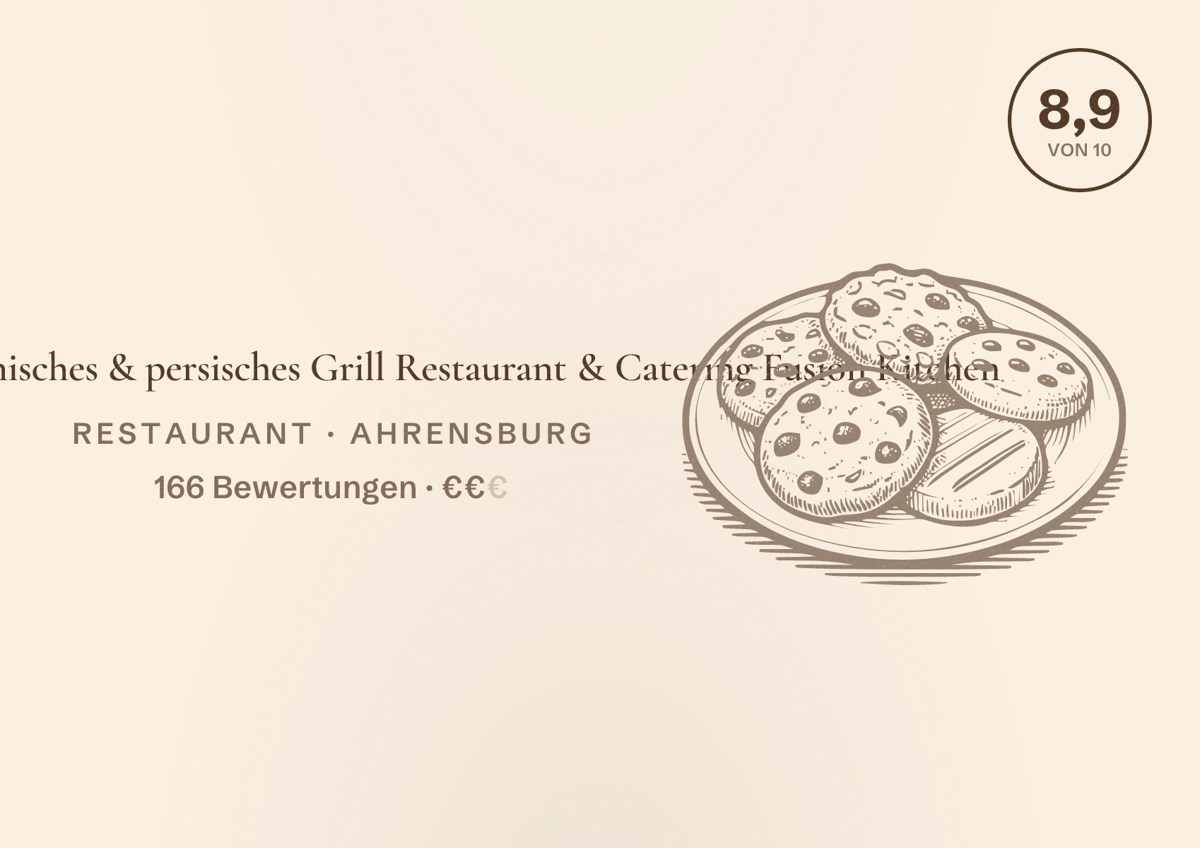 Illustriertes Poster von Zamarod afghanisches & persisches Grill Restaurant & Catering Fusion Kitchen, Restaurant in Ahrensburg: Bewertung 8,9 von 10 aus 166 Bewertungen, Preisniveau €€