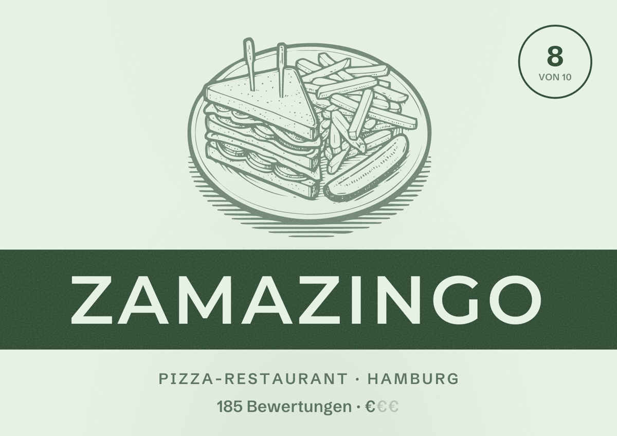 Illustriertes Poster von Zamazingo, Pizza-Restaurant in Hamburg: Bewertung 8,0 von 10 aus 185 Bewertungen, Preisniveau €