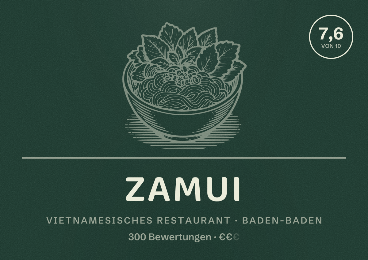 Illustriertes Poster von Zamui, Vietnamesisches Restaurant in Baden-Baden: Bewertung 7,6 von 10 aus 300 Bewertungen, Preisniveau €€