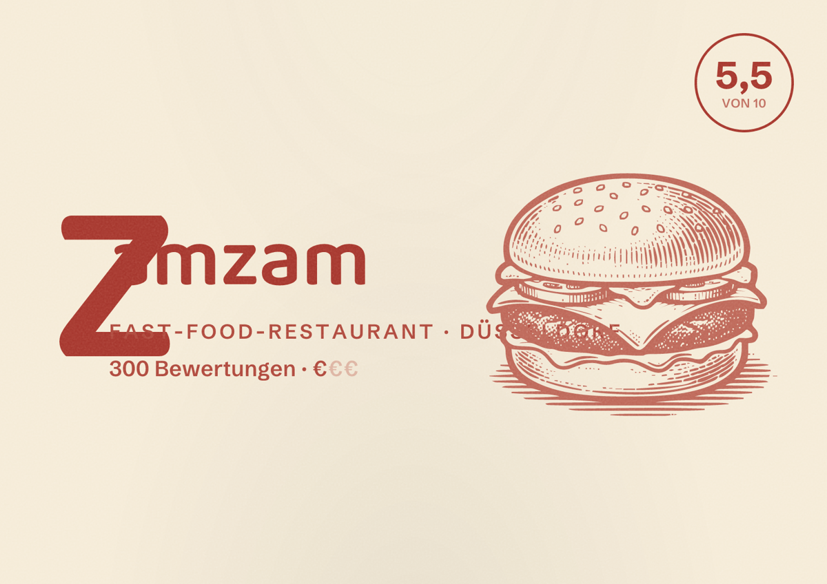 Illustriertes Poster von Zamzam, Fast-Food-Restaurant in Düsseldorf: Bewertung 5,5 von 10 aus 300 Bewertungen, Preisniveau €