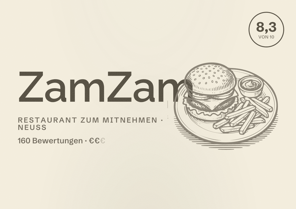 Illustriertes Poster von ZamZam, Restaurant zum Mitnehmen in Neuss: Bewertung 8,3 von 10 aus 160 Bewertungen, Preisniveau €€