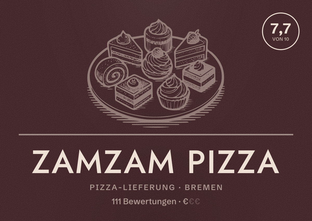 Illustriertes Poster von ZamZam Pizza, Pizza-Lieferung in Bremen: Bewertung 7,7 von 10 aus 111 Bewertungen, Preisniveau €