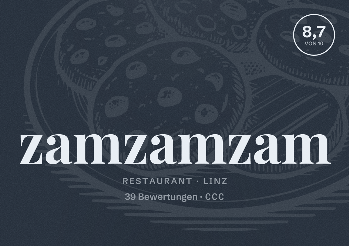 Illustriertes Poster von zamzamzam, Restaurant in Linz: Bewertung 8,7 von 10 aus 39 Bewertungen, Preisniveau €€€