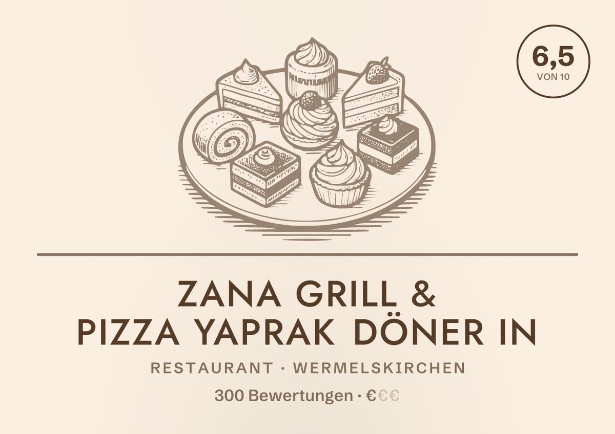 Illustriertes Poster von Zana Grill & Pizza Yaprak Döner in, Restaurant in Wermelskirchen: Bewertung 6,5 von 10 aus 300 Bewertungen, Preisniveau €