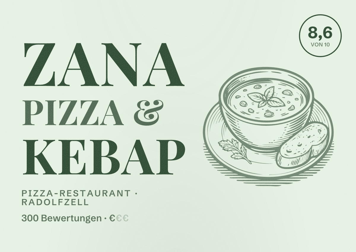 Illustriertes Poster von Zana Pizza & Kebap, Pizza-Restaurant in Radolfzell: Bewertung 8,6 von 10 aus 300 Bewertungen, Preisniveau €