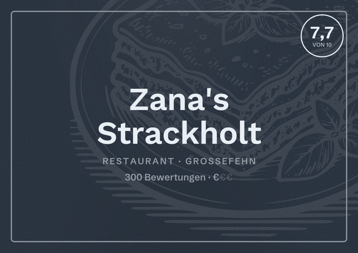 Illustriertes Poster von Zana's Strackholt, Restaurant in Großefehn: Bewertung 7,7 von 10 aus 300 Bewertungen, Preisniveau €