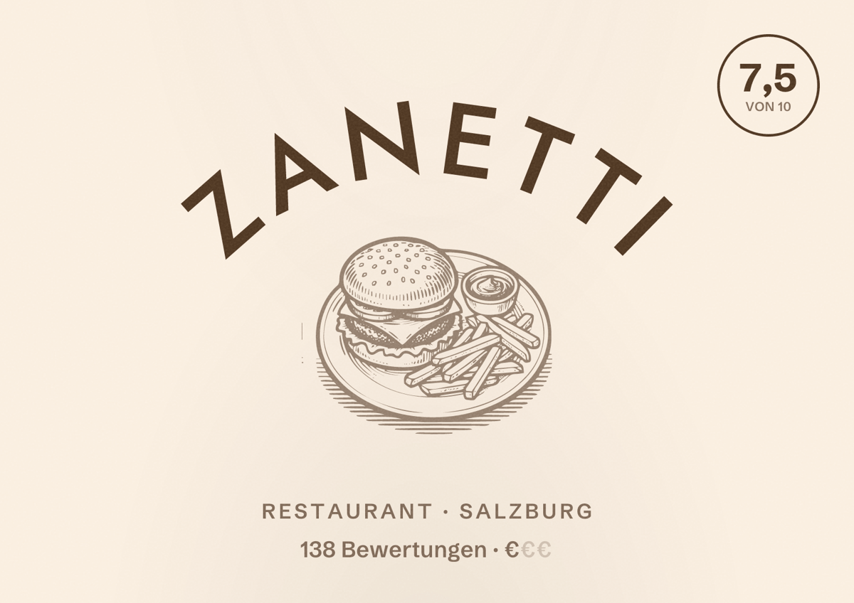 Illustriertes Poster von Zanetti, Restaurant in Salzburg: Bewertung 7,5 von 10 aus 138 Bewertungen, Preisniveau €
