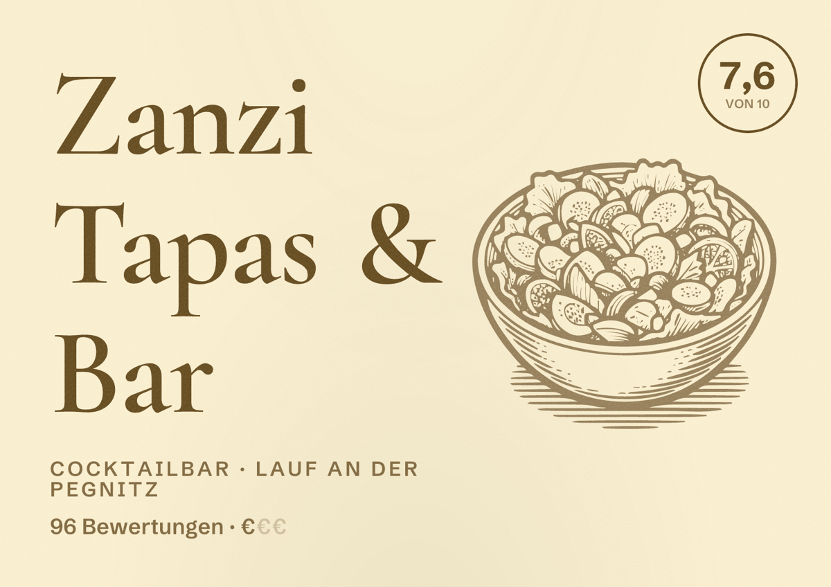 Illustriertes Poster von Zanzi Tapas & Bar, Cocktailbar in Lauf an der Pegnitz: Bewertung 7,6 von 10 aus 96 Bewertungen, Preisniveau €