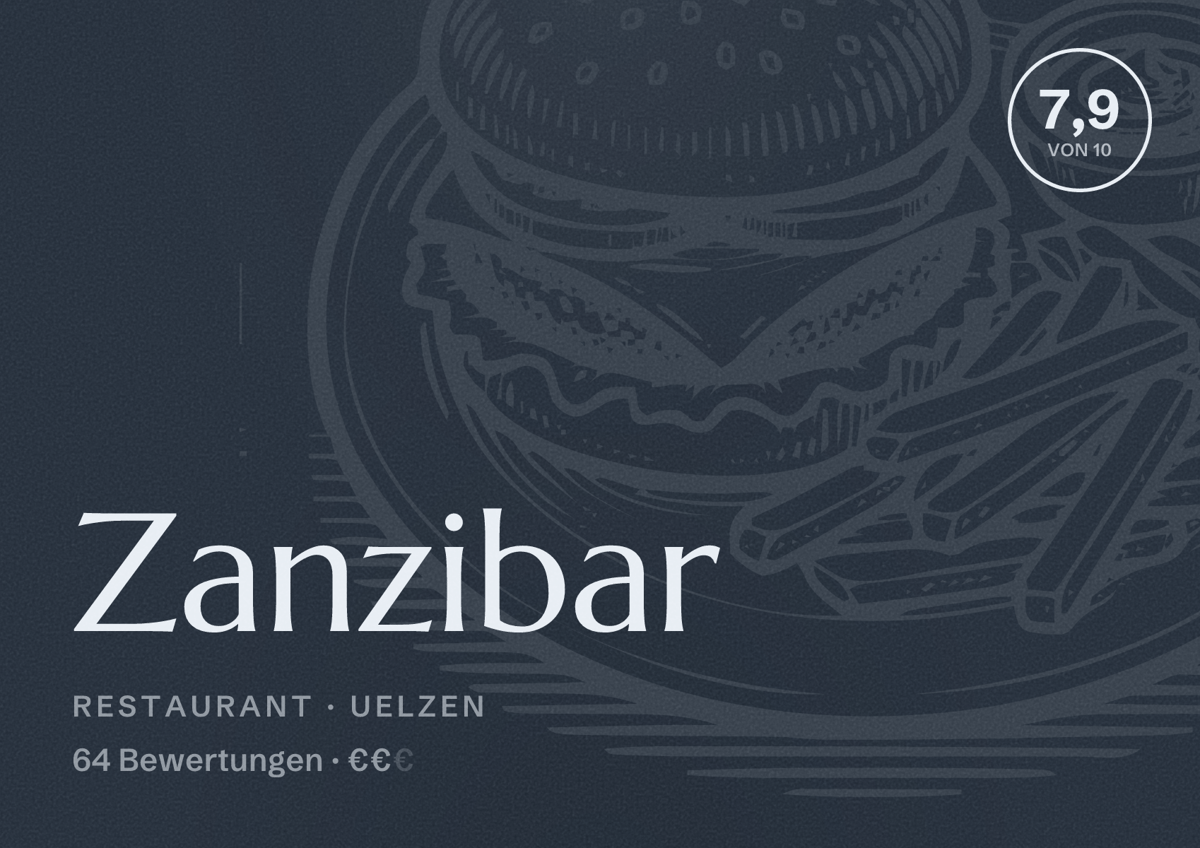 Illustriertes Poster von Zanzibar, Restaurant in Uelzen: Bewertung 7,9 von 10 aus 64 Bewertungen, Preisniveau €€