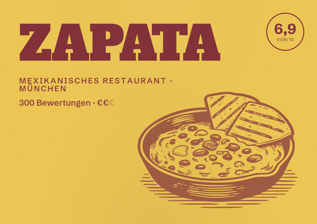 Illustriertes Poster von ZAPATA, Mexikanisches Restaurant in München: Bewertung 6,9 von 10 aus 300 Bewertungen, Preisniveau €€