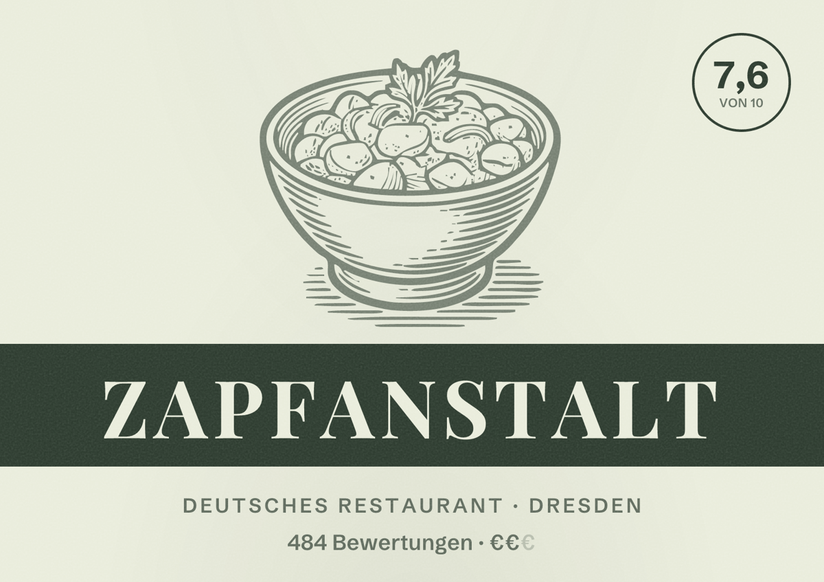 Illustriertes Poster von Zapfanstalt, Deutsches Restaurant in Dresden: Bewertung 7,6 von 10 aus 484 Bewertungen, Preisniveau €€