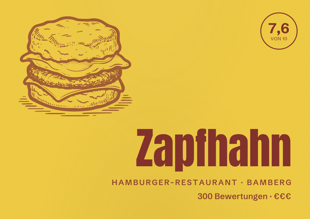Illustriertes Poster von Zapfhahn, Hamburger-Restaurant in Bamberg: Bewertung 7,6 von 10 aus 300 Bewertungen, Preisniveau €€€