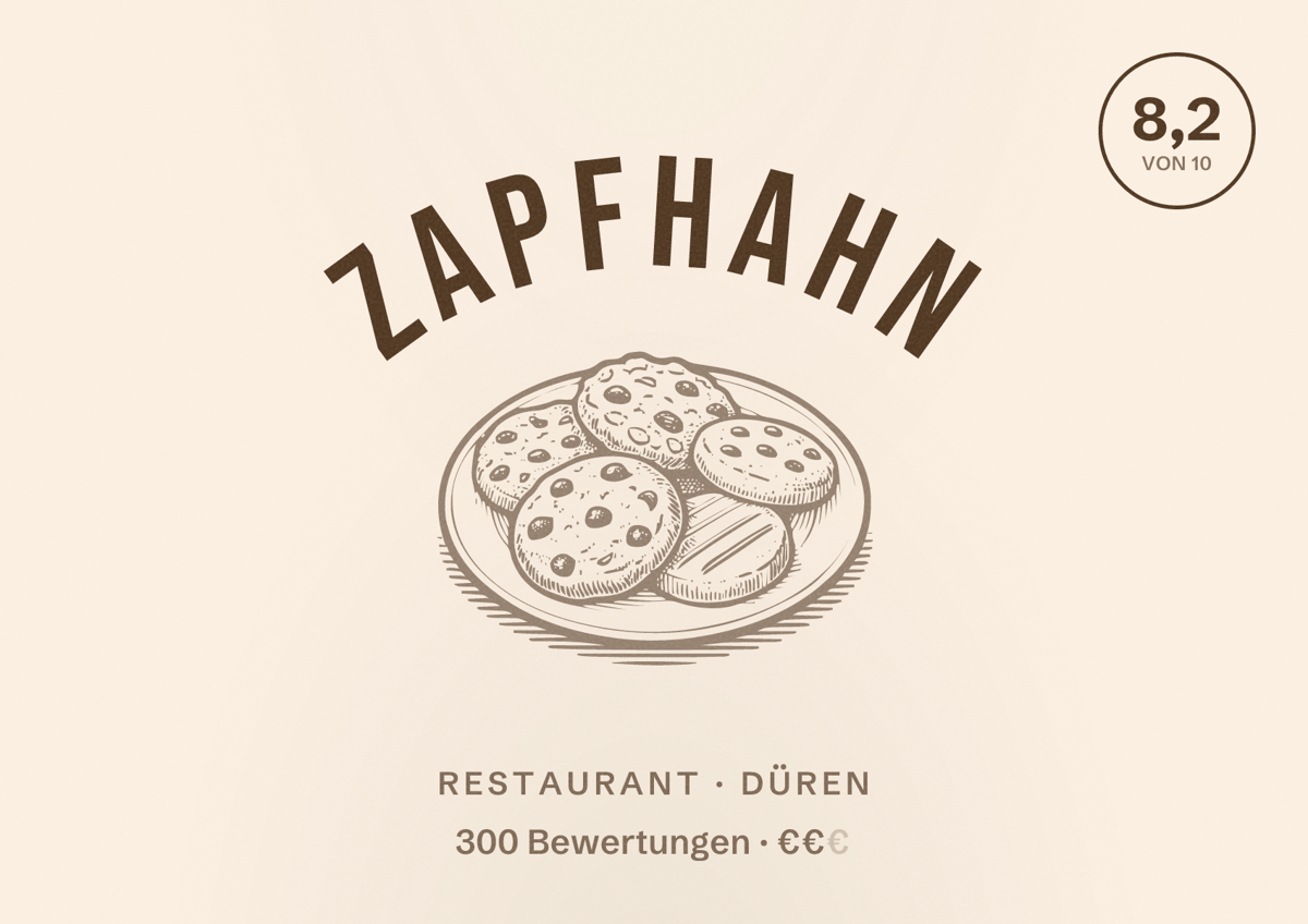 Illustriertes Poster von Zapfhahn, Restaurant in Düren: Bewertung 8,2 von 10 aus 300 Bewertungen, Preisniveau €€