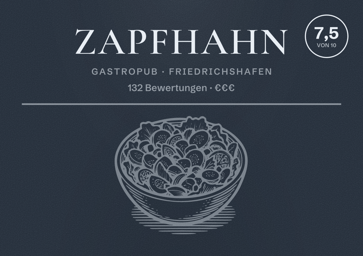 Illustriertes Poster von Zapfhahn, Gastropub in Friedrichshafen: Bewertung 7,5 von 10 aus 132 Bewertungen, Preisniveau €€€
